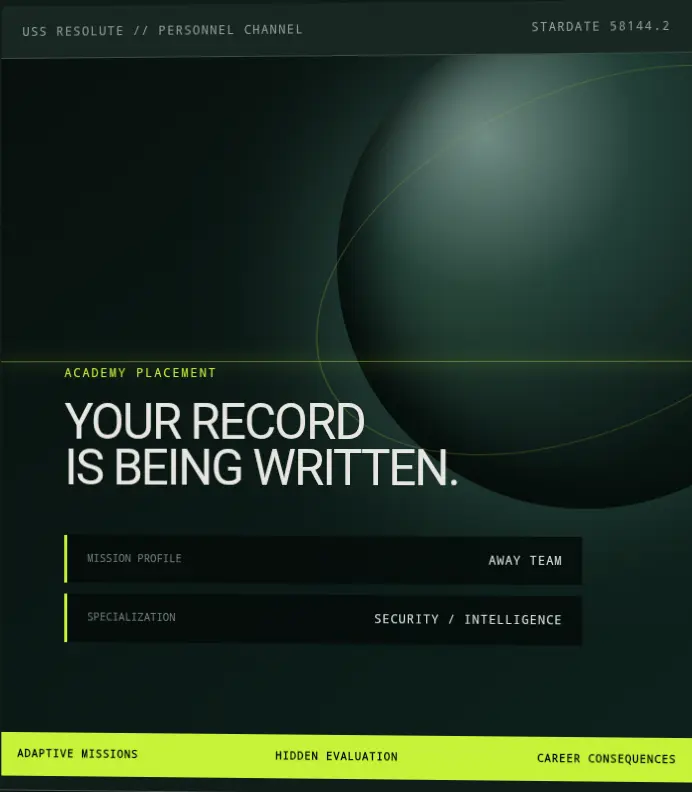 First Watch prototype interface showing an academy placement record and mission profile